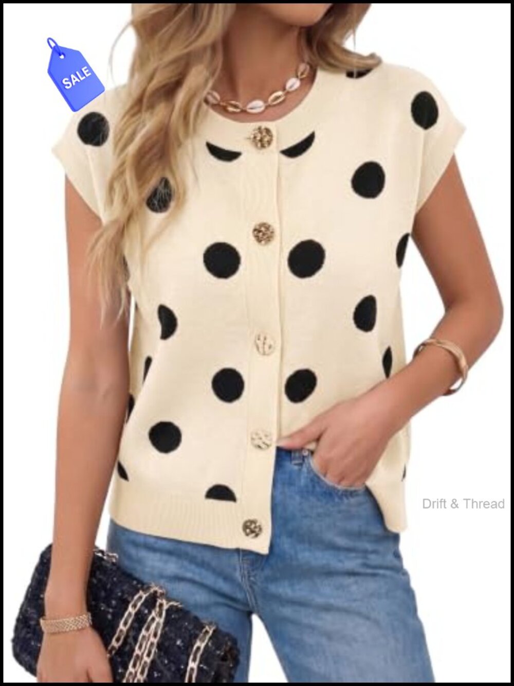Dokotoo Ribbed Knit Polka Dot Button Down Sweater Vest Cap Sleeve Womens